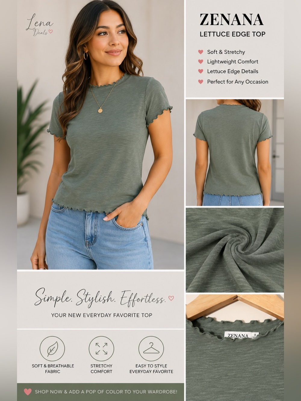Zenana Lettuce Trimmed Cropped Short Sleeve T-Shirt Womens LT Olive Sz Mix